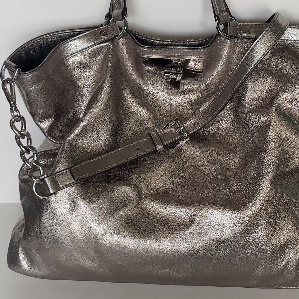 Michael Kors Leather Channing Silver Nickel Tote